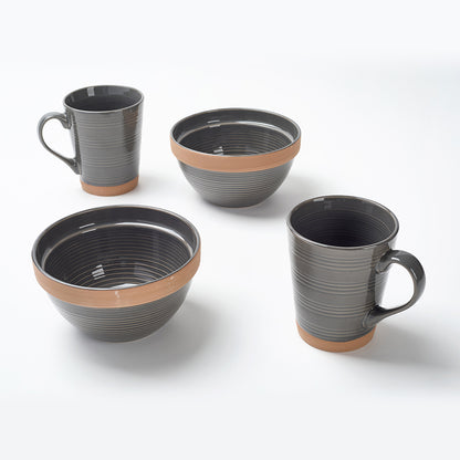 Earthen Gray Ribbed Breakfast  Ceramic Cup and Bowl Set (4 Pieces)