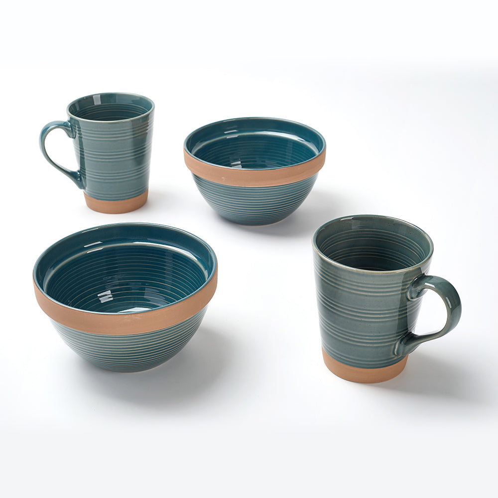 Earthen Green Ribbed Breakfast  Ceramic Cup and Bowl Set (4 Pieces)