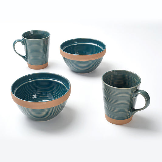Earthen Green Ribbed Breakfast  Ceramic Cup and Bowl Set (4 Pieces)