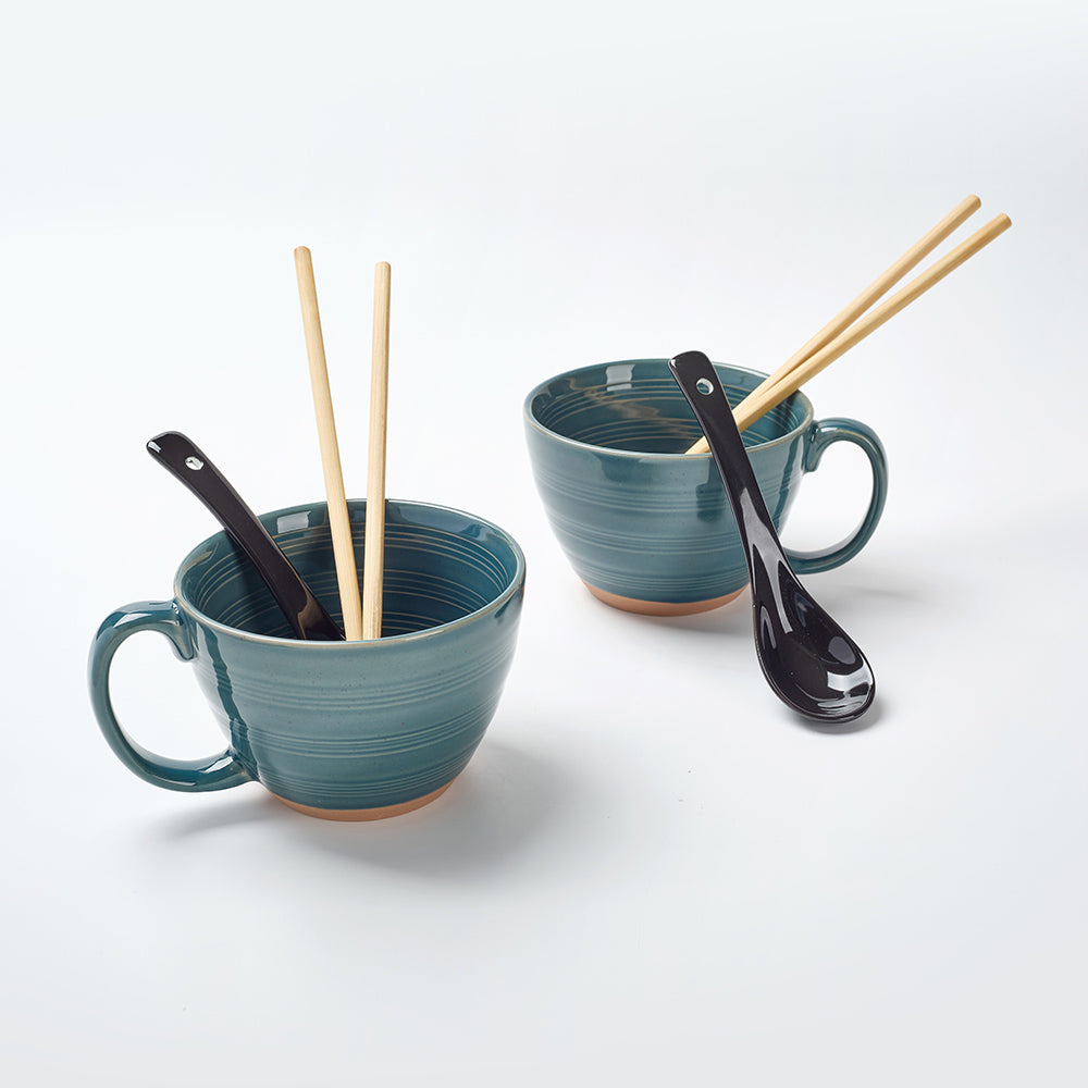 Earthen Green Ceramic Ramen Bowl Set (6 Pieces)