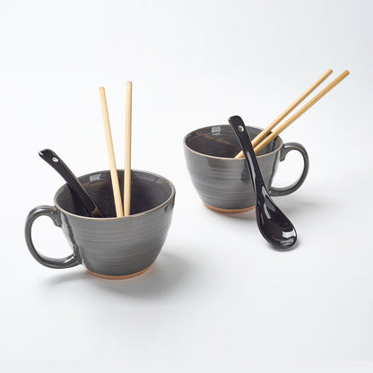 Earthen GRAY Ceramic Ramen Bowl Set (6 Pieces)