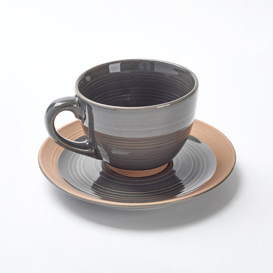 Earthen Gray Ceramic Tea Cup & Saucer Set (12 Pieces)