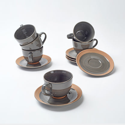 Earthen Gray Ceramic Tea Cup & Saucer Set (12 Pieces)