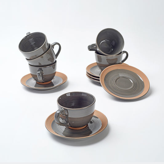 Earthen Gray Ceramic Tea Cup & Saucer Set (12 Pieces)