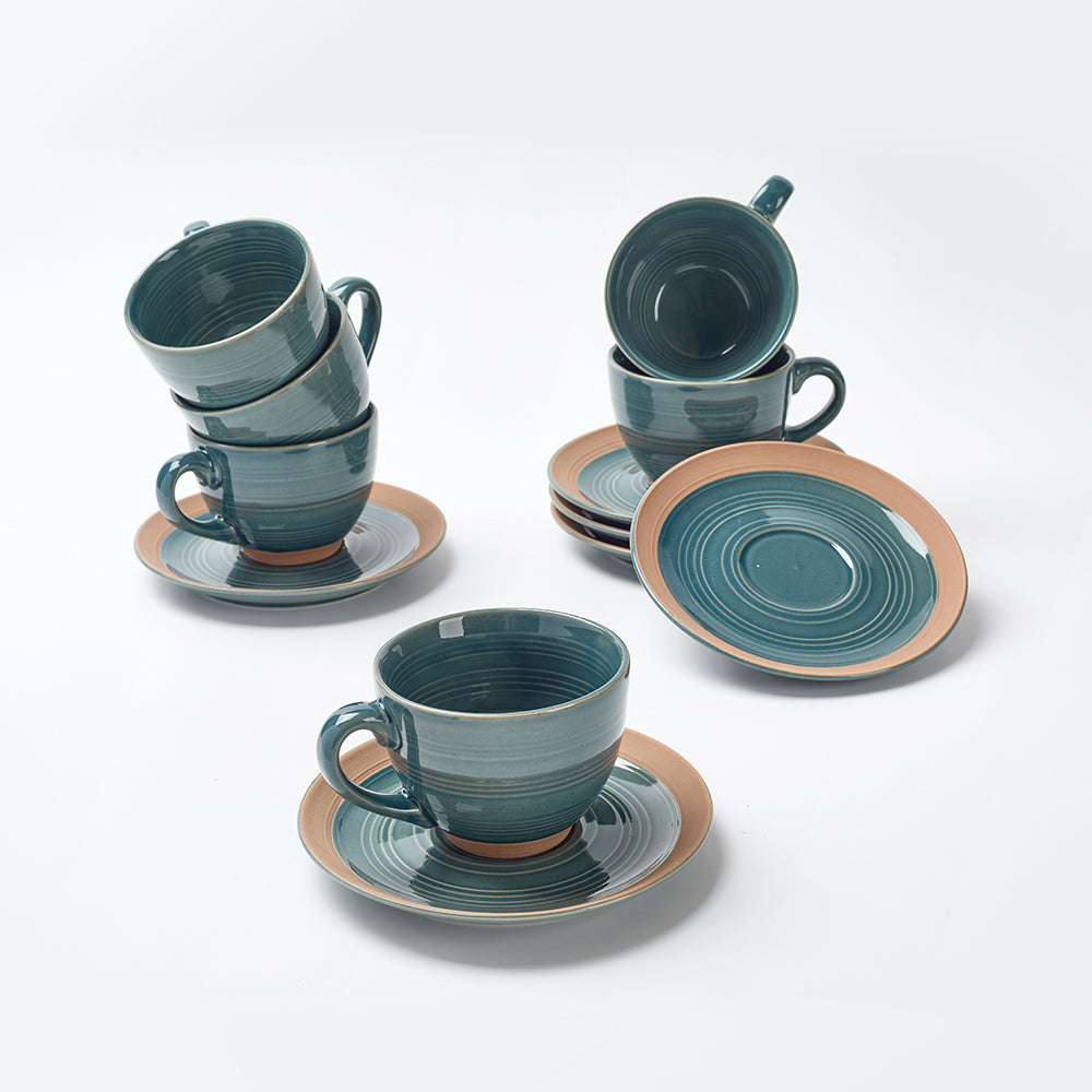 Earthen Green Ceramic Tea Cup & Saucer Set (12 Pieces)
