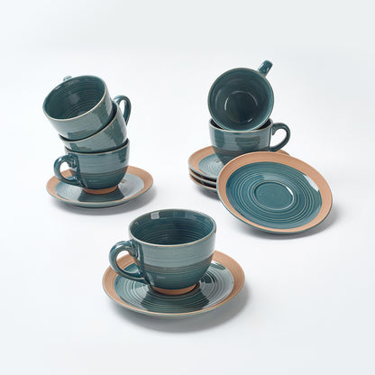 Earthen Green Ceramic Tea Cup & Saucer Set (12 Pieces)