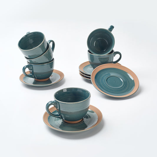 Earthen Green Ceramic Tea Cup & Saucer Set (12 Pieces)