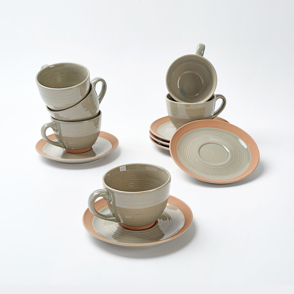Earthen Mist Ceramic Tea Cup & Saucer Set (12 Pieces)
