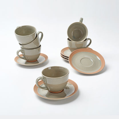 Earthen Mist Ceramic Tea Cup & Saucer Set (12 Pieces)