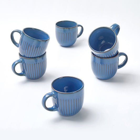 Blue Ribbed Ceramic Mug Set (6 Pieces)