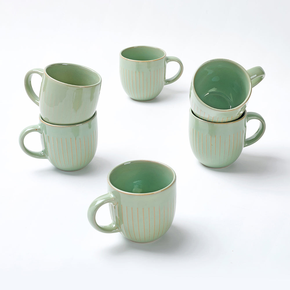 Green Ribbed Ceramic Mug Set (6 Pieces)