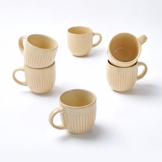 Beige Ribbed Ceramic Mug Set (6 Pieces)
