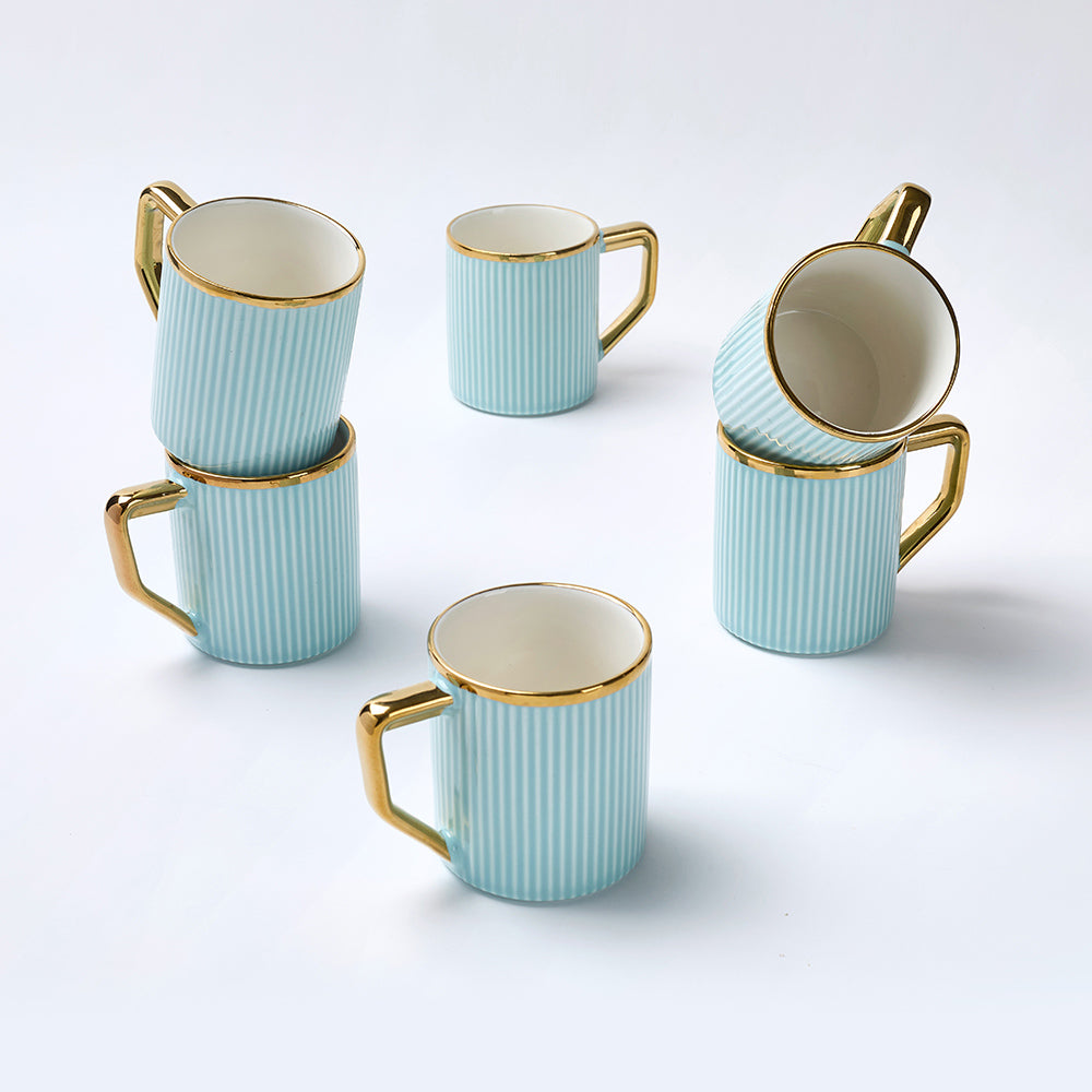 Water Blue Luxe Ribbed Ceramic Mug Set (6 Pieces)