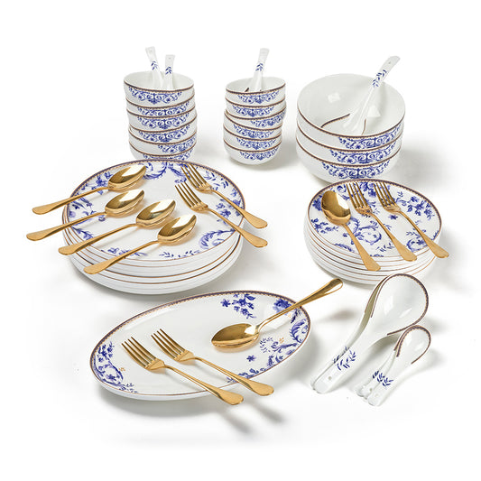 Elegant Blue Floral Ceramic Dinner Set –49 Pieces