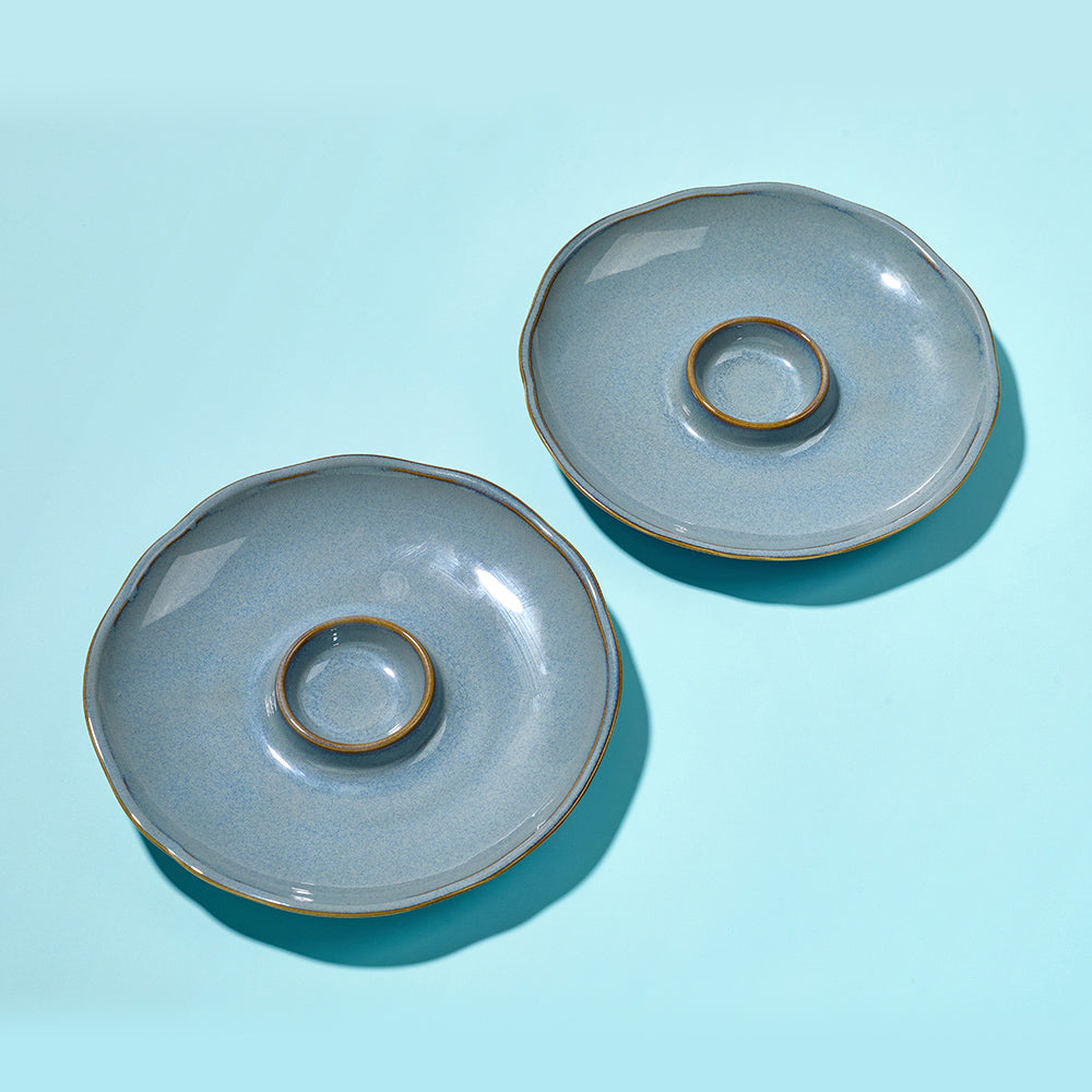 Minimalist Blue Ceramic Ringed Plates (Set of 2)