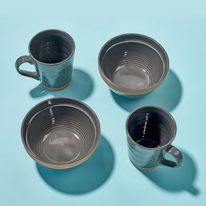 Earthen Gray Ribbed Breakfast  Ceramic Cup and Bowl Set (4 Pieces)