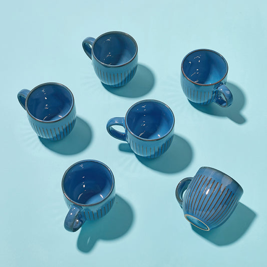 Blue Ribbed Ceramic Mug Set (6 Pieces)