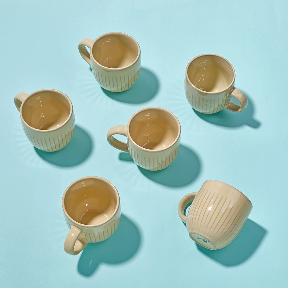 Beige Ribbed Ceramic Mug Set (6 Pieces)