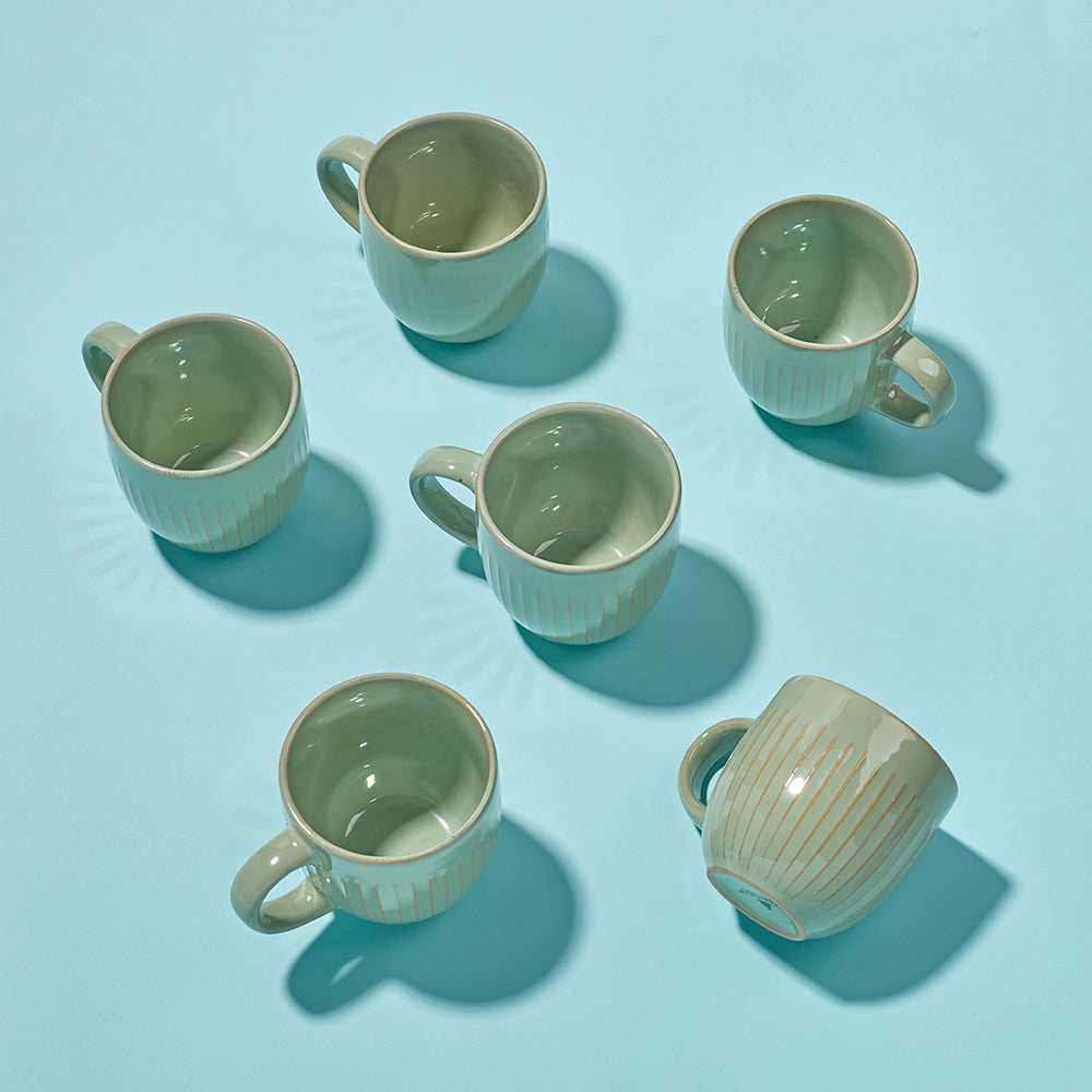 Green Ribbed Ceramic Mug Set (6 Pieces)