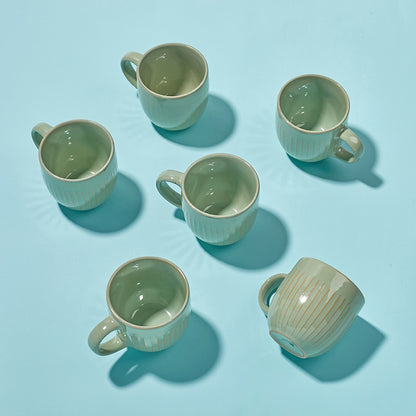 Green Ribbed Ceramic Mug Set (6 Pieces)