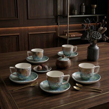 Tachiso Ocean Marble Design Cup & Saucer Set with Spoon – Premium Tea & Coffee Set