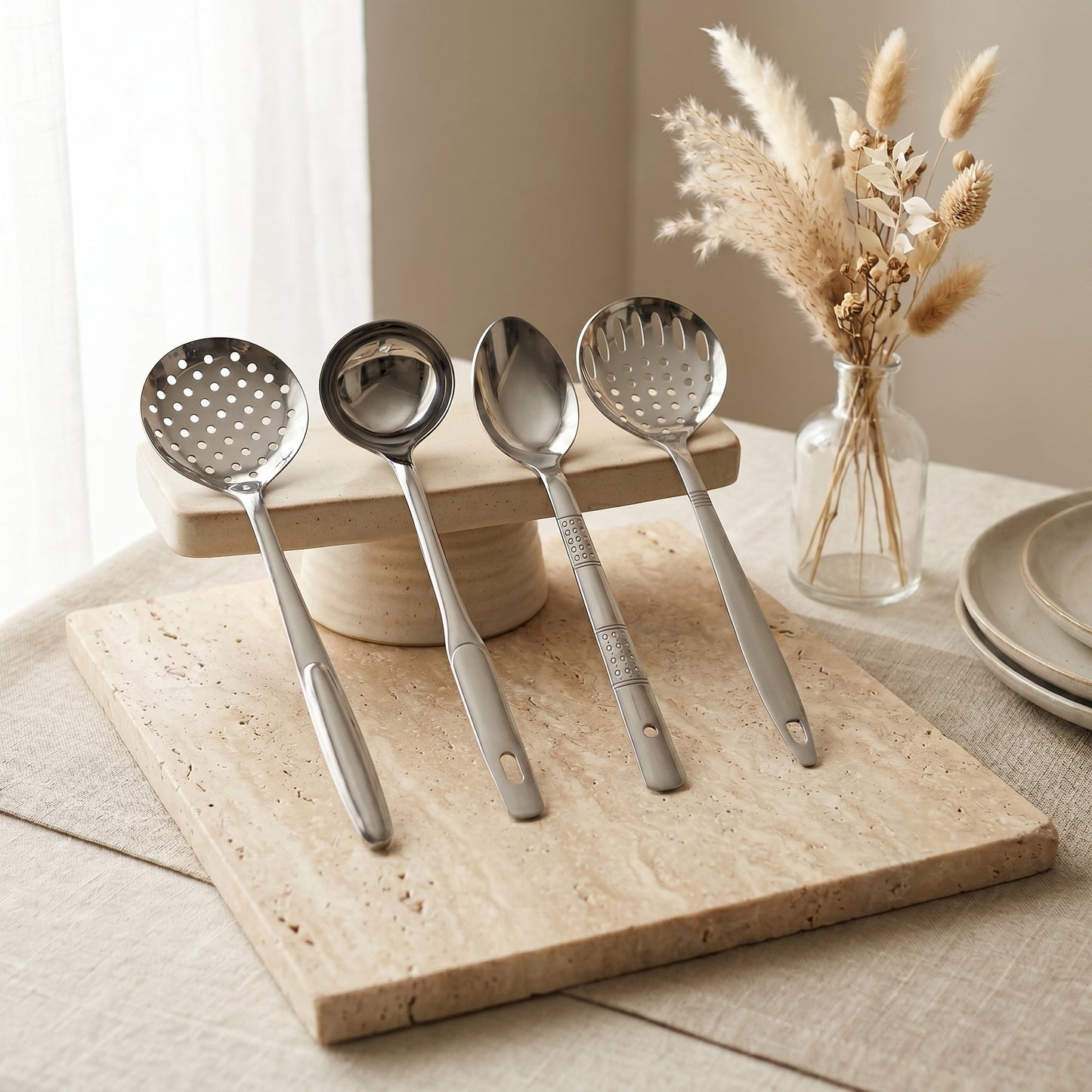 Stainless Steel Kitchen Spoon Set (4 Pcs) – Ladle & Strainer Combo
