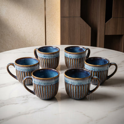 Premium Ceramic Mug Set of 6 – Tachiso Blue Ribbed Design Coffee & Tea Cups