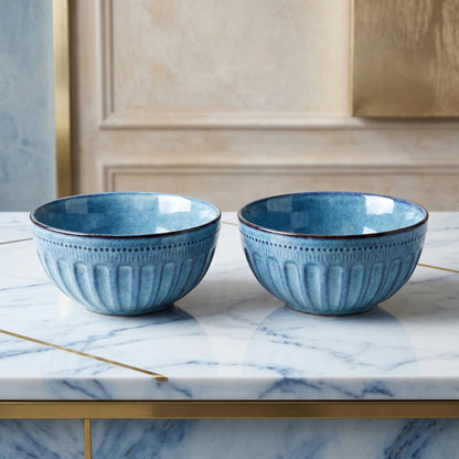 Premium Ceramic Bowl Set of 2 – Tachiso Blue Textured Serving Bowls
