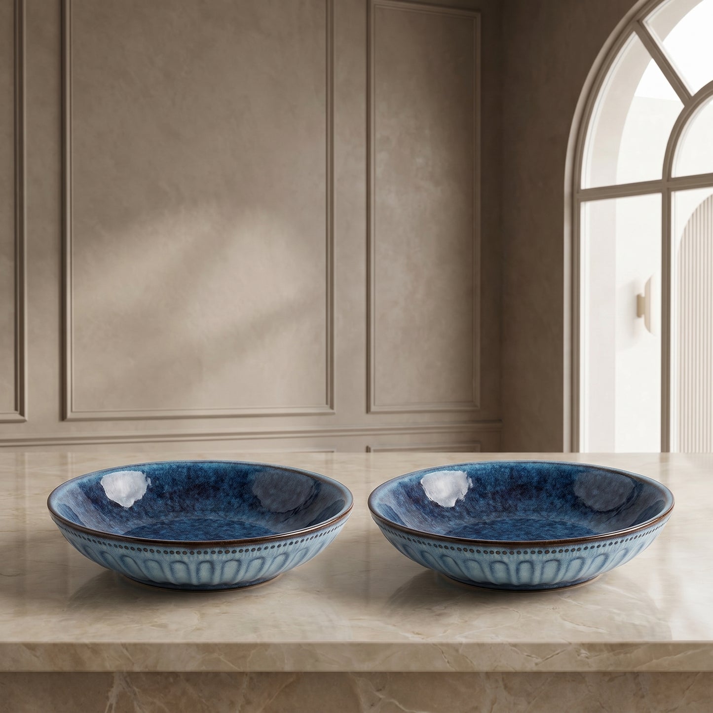 Premium Ceramic Serving Bowl Set (2 Pcs) – Tachiso Blue Textured Deep Plates