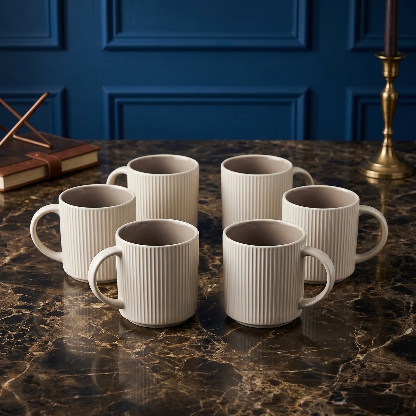 Tachiso Elegant Ribbed Ceramic Coffee Mug Set – 6 Pieces