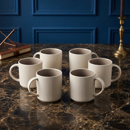 Tachiso Elegant Ribbed Ceramic Coffee Mug Set – 6 Pieces