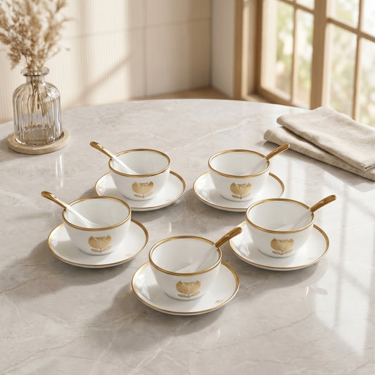 Tachiso Elegant Gold Line Bowl Set with Spoon – Premium Dessert Serving Set