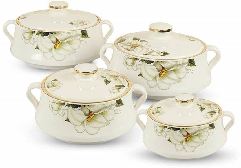 NAYASA Stainless Steel Casserole Set (Pack of 4) – 500ml, 1000ml, 1500ml, 2000ml | Insulated Hot Case for Cook & Serve | Floral Design