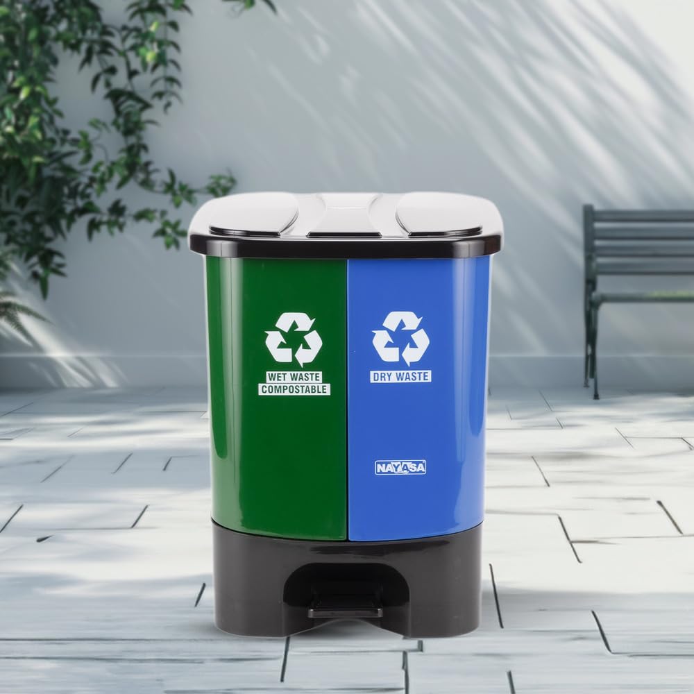 Nayasa 2-in-1 Pedal Dustbin 19L (9.5L x 2) | Dual Wet & Dry Waste Bin | Plastic Foot Pedal Garbage Bin with Inner Buckets | Green & Blue