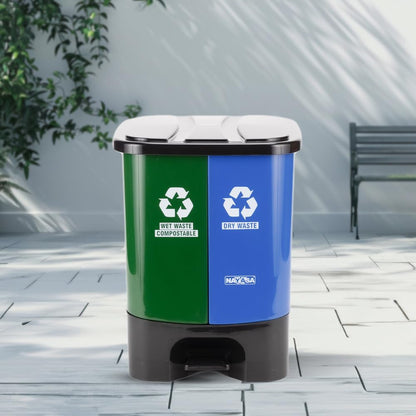Nayasa 2-in-1 Pedal Dustbin 19L (9.5L x 2) | Dual Wet & Dry Waste Bin | Plastic Foot Pedal Garbage Bin with Inner Buckets | Green & Blue