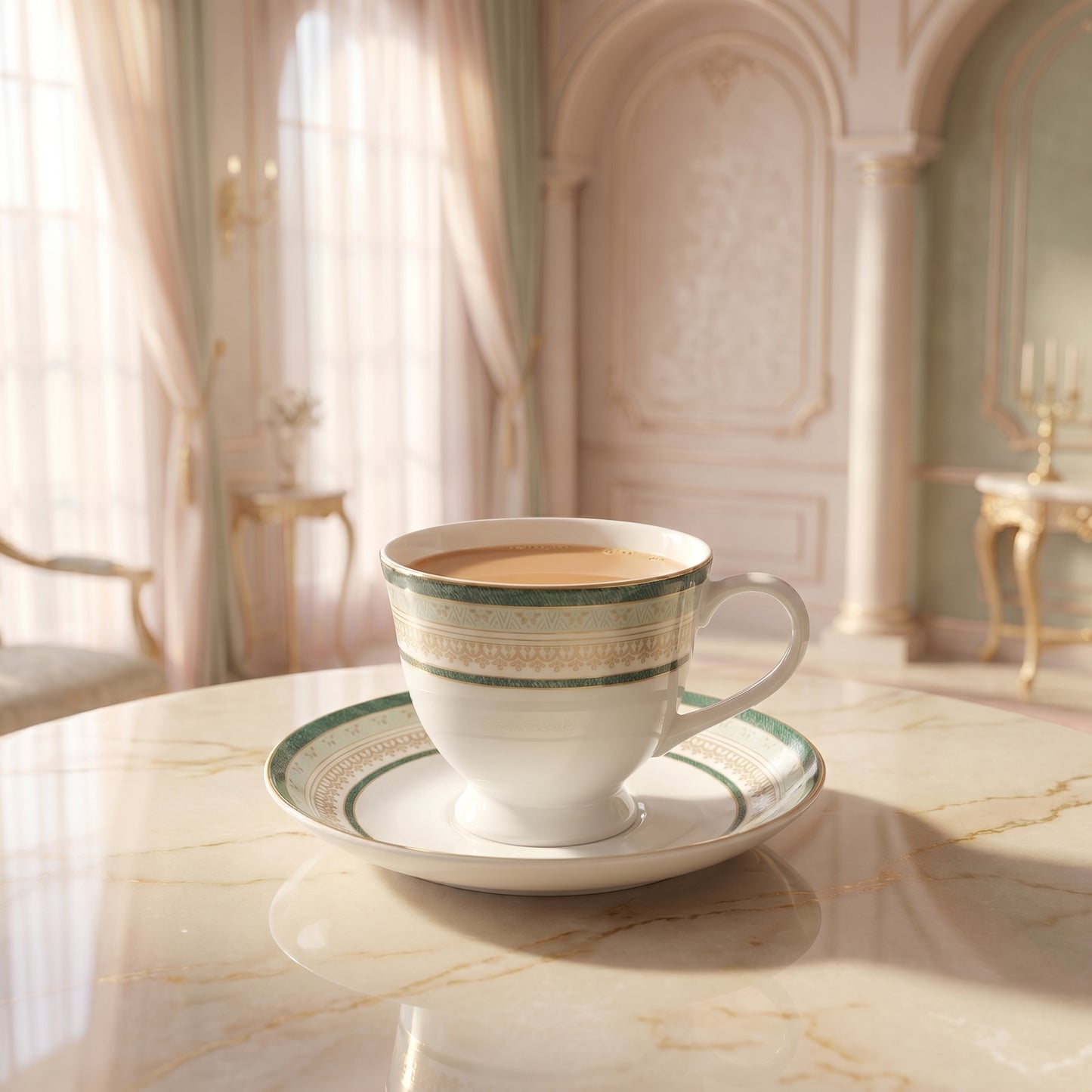 Premium Bone China Tea Cup & Saucer Set – 6 Pieces Elegant Green Border Design