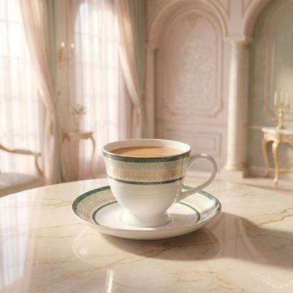 Premium Bone China Tea Cup & Saucer Set – 6 Pieces Elegant Green Border Design