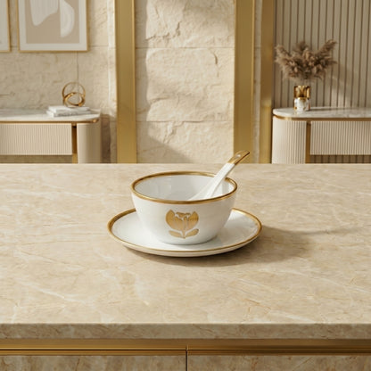 Tachiso Elegant Gold Line Bowl Set with Spoon – Premium Dessert Serving Set