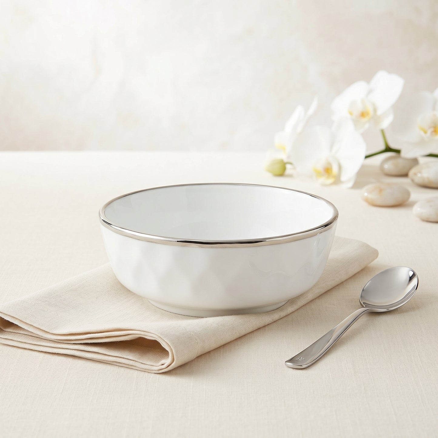Tachiso Classic White Gold Rim Bowl Set – Premium Ceramic Serving Bowls (Set of 6)