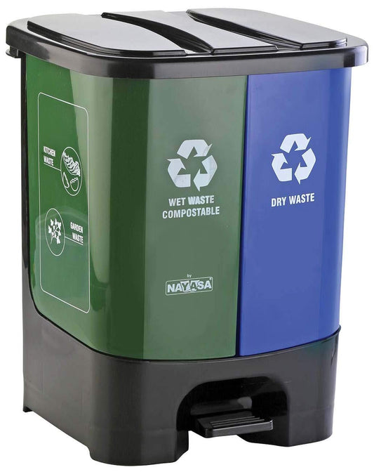 Nayasa 2-in-1 Pedal Dustbin 19L (9.5L x 2) | Dual Wet & Dry Waste Bin | Plastic Foot Pedal Garbage Bin with Inner Buckets | Green & Blue