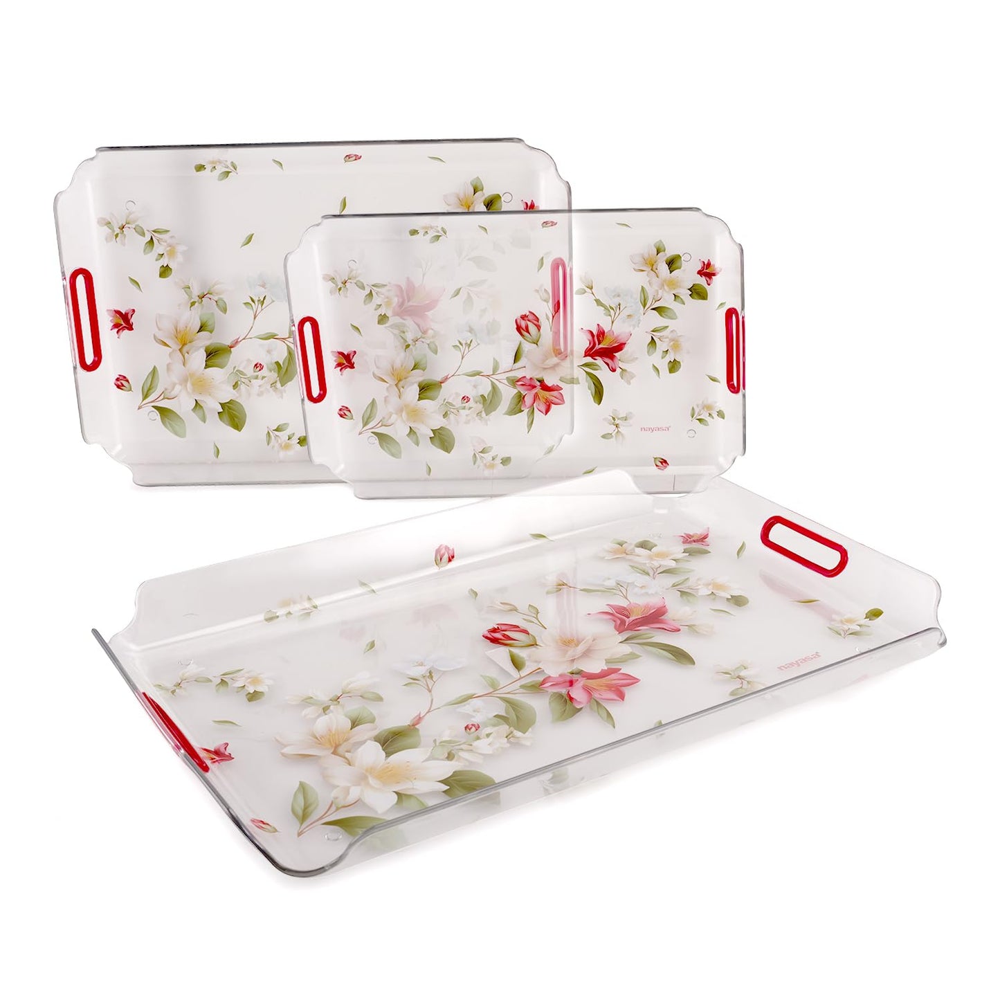 Nayasa Modern Floral Transparent Serving Tray Set of 3 (Small, Medium & Big) – Blue Handle BPA Free Plastic Trays