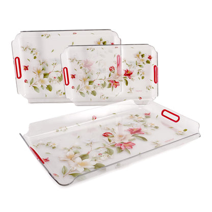Nayasa Modern Floral Transparent Serving Tray Set of 3 (Small, Medium & Big) – Blue Handle BPA Free Plastic Trays