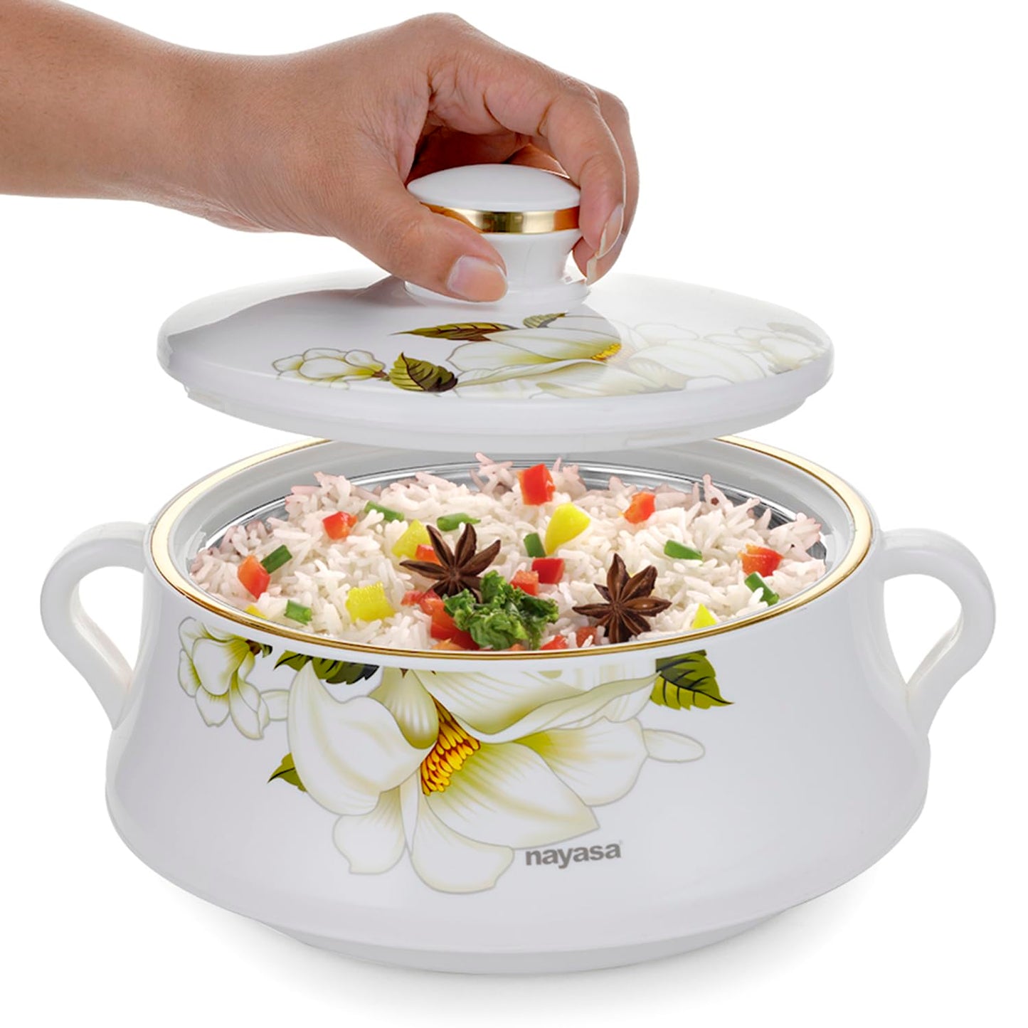 Nayasa Floral Plastic Insulated Casserole Set of 3 (500ml, 1000ml & 1500ml) – White
