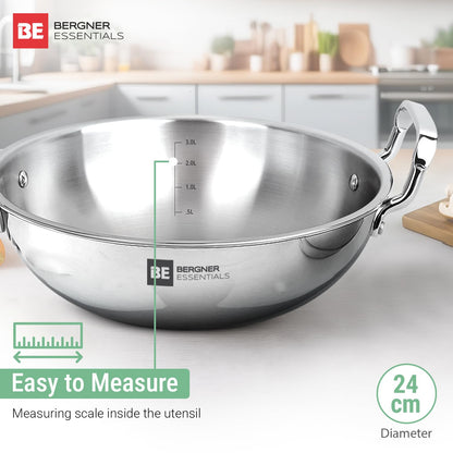 Bergner Tripro Triply Cookware Set – 3L Outer Lid Pressure Cooker & 24cm (3L) Kadai with Lid | Induction & Gas Compatible