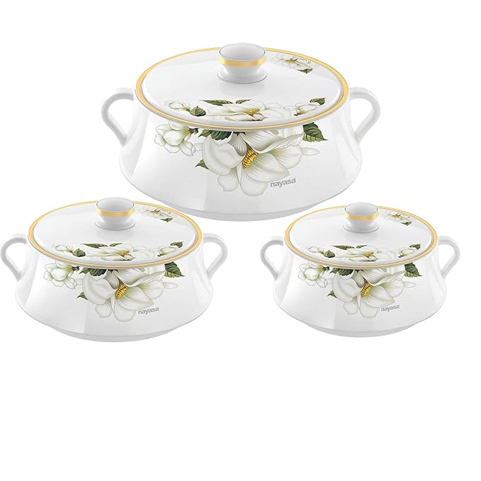 Nayasa Floral Plastic Insulated Casserole Set of 3 (500ml, 1000ml & 1500ml) – White