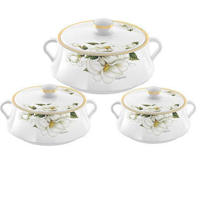 Nayasa Floral Plastic Insulated Casserole Set of 3 (500ml, 1000ml & 1500ml) – White
