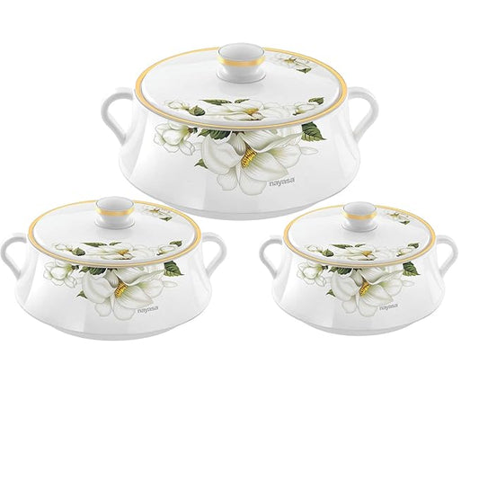 Nayasa Floral Plastic Insulated Casserole Set of 3 (500ml, 1000ml & 1500ml) – White