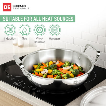 Bergner Tripro Triply Cookware Set – 3L Outer Lid Pressure Cooker & 24cm (3L) Kadai with Lid | Induction & Gas Compatible