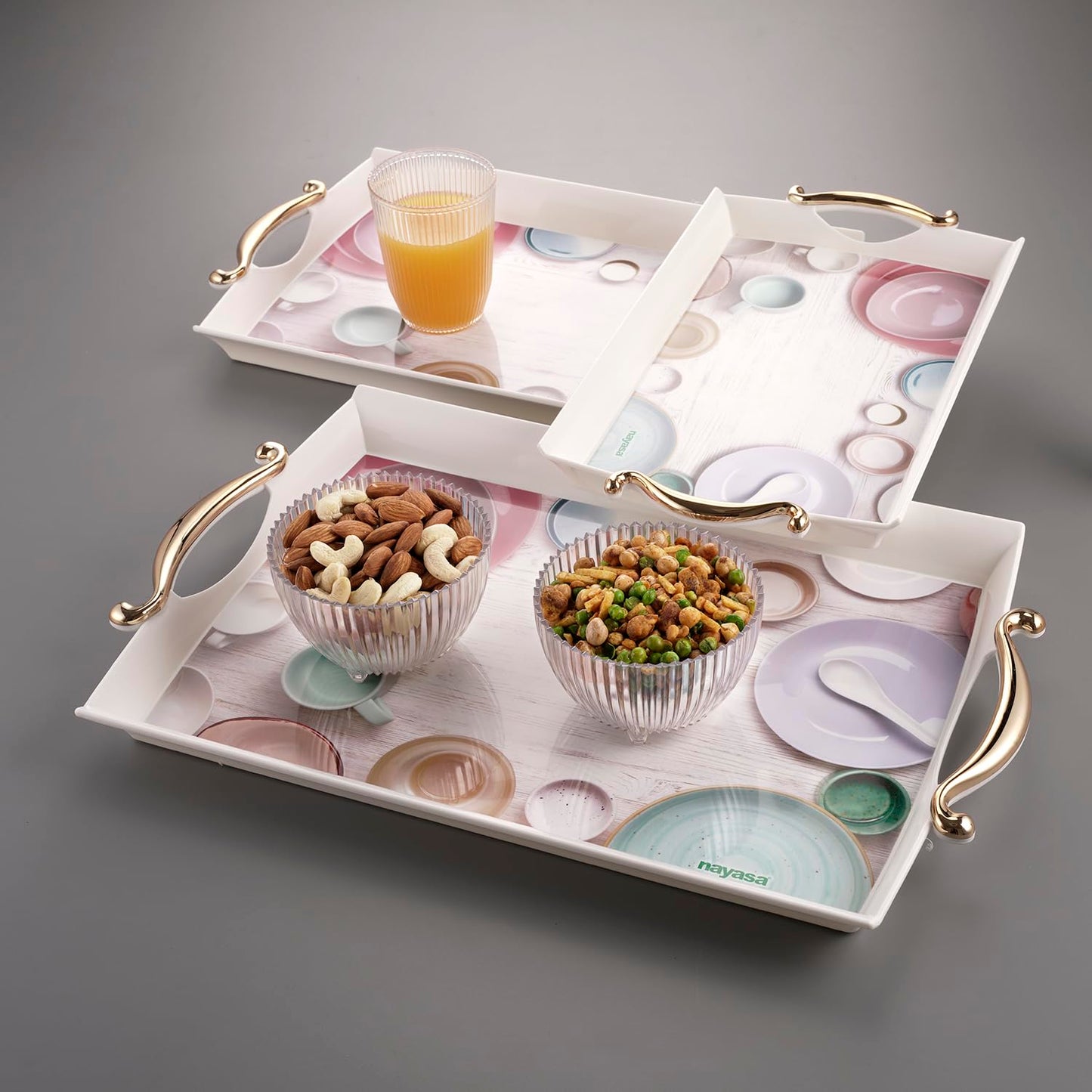 Nayasa Regency Plastic Rectangular Serving Tray Set of 3 (Small, Medium & Big) – Floral Design