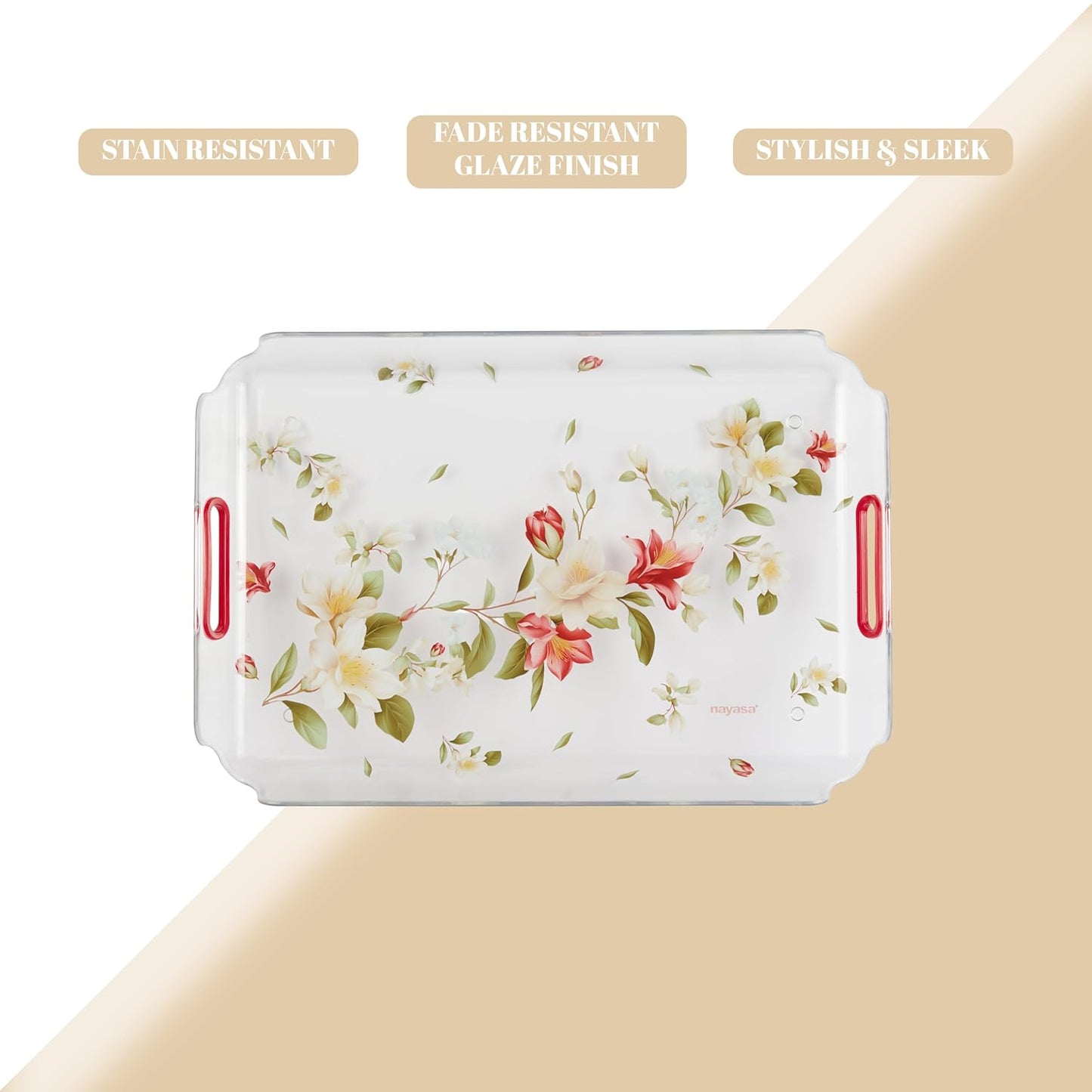 Nayasa Modern Floral Transparent Serving Tray Set of 3 (Small, Medium & Big) – Blue Handle BPA Free Plastic Trays